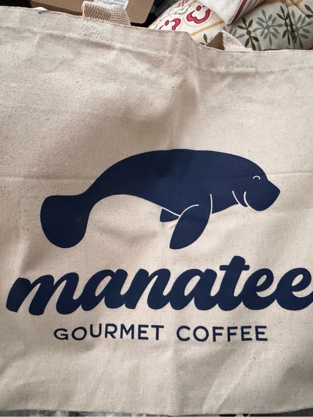 Manatee Gourmet Coffee Large Natural Canvas Tote with Navy Manatee Graphic